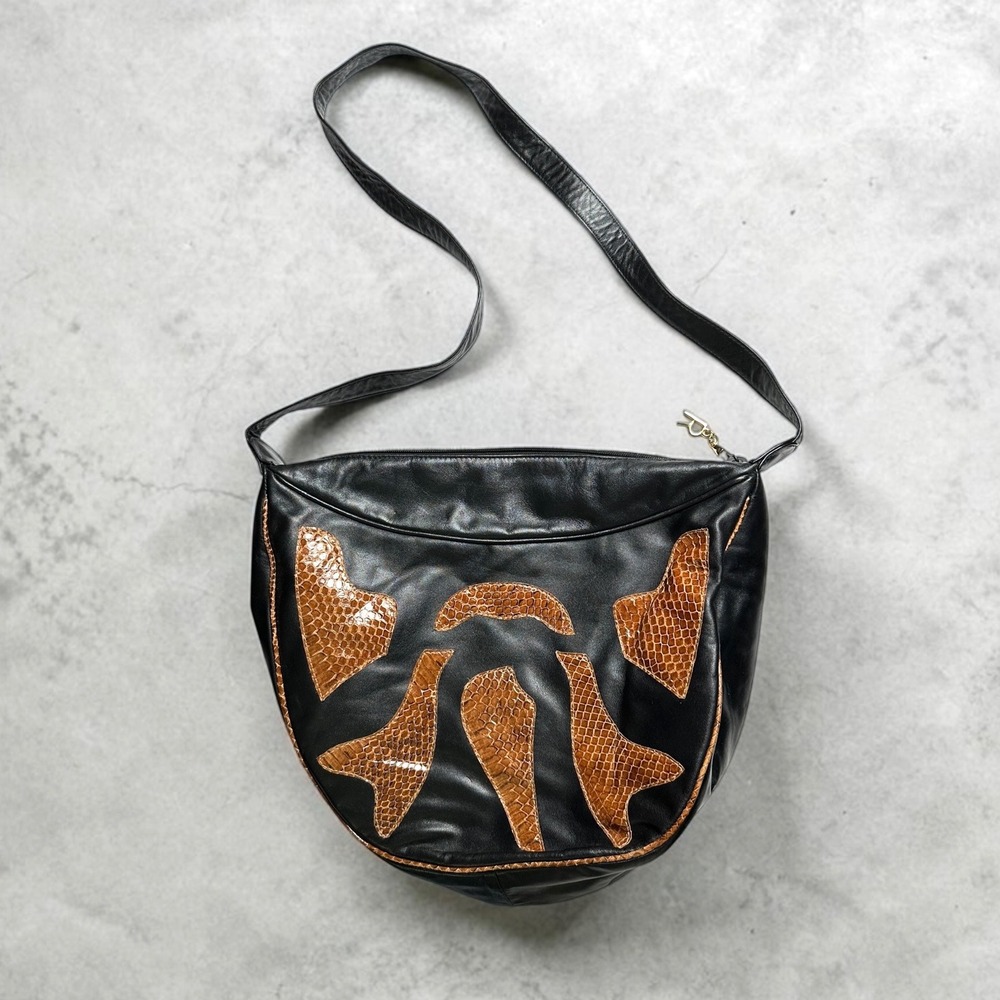 Vintage Rappi Handmade Black Leather Brown Snakeskin Patchwork Hobo Shoulder Bag